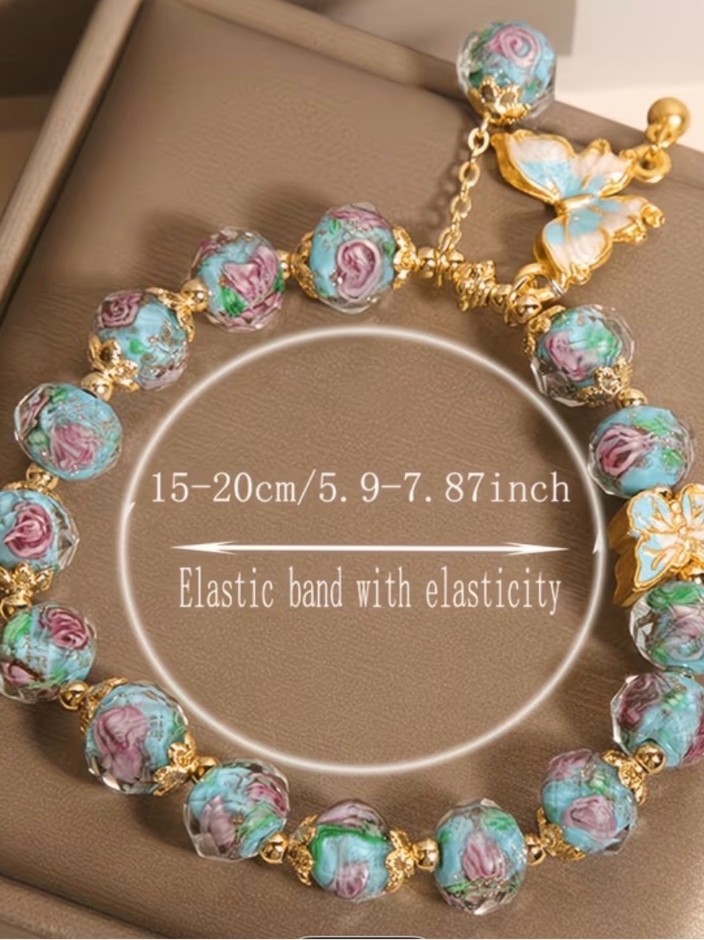 Gold Butterfly Charm Blue Floral Bracelet. - Picture 4 of 8